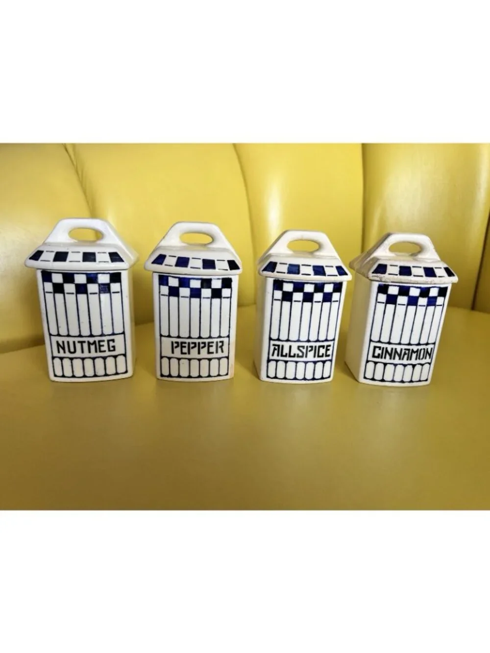 4 Pc STAFFEL Spice German Pottery Jar Nutmeg Pepper Allspice Cinnamon Canisters